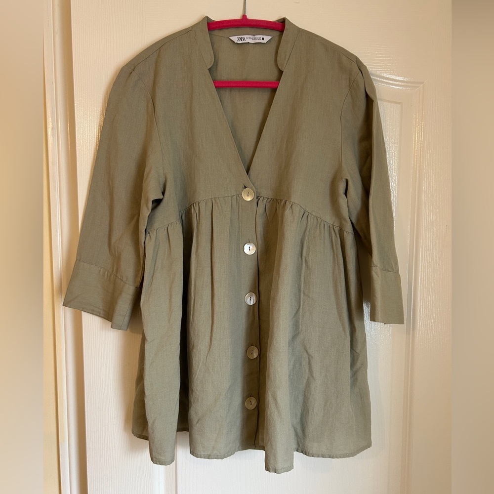 Zara Linen Cotton Olive Green V-Neck Button Blouse